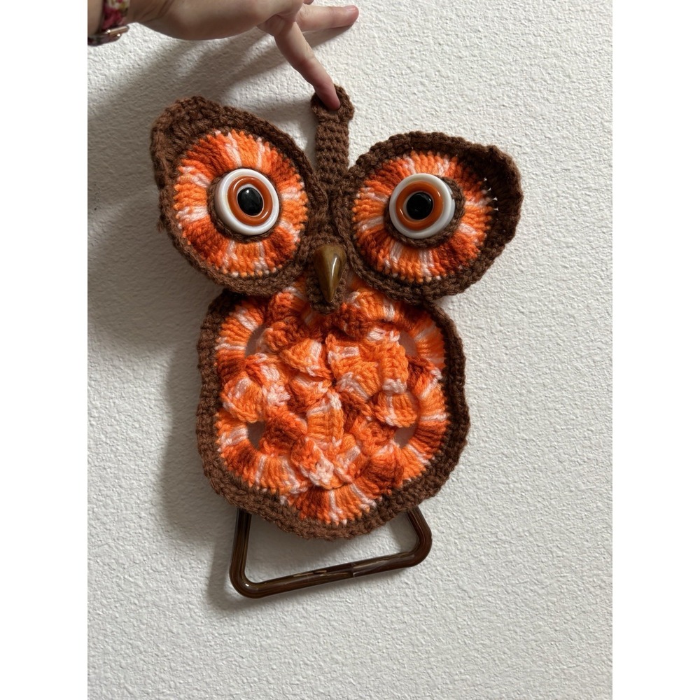 Handmade Crocheted Owl Towel Holder White Brown Orange Retro Vintage MCM Decor